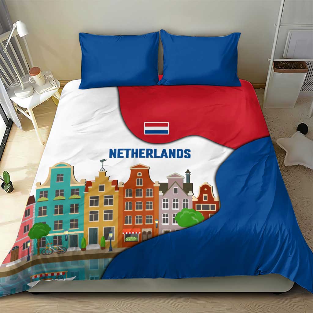 Netherlands Amsterdam Bedding Set with Colorful Canal Houses and National Flag Design - Wonder Print Shop