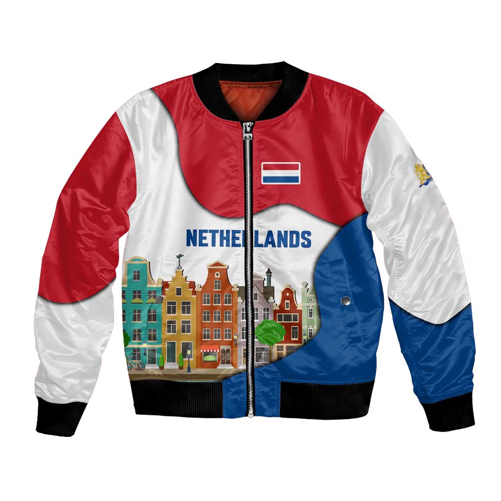 Netherlands Amsterdam Bomber Jacket with Colorful Canal Houses and National Flag Design - Wonder Print Shop