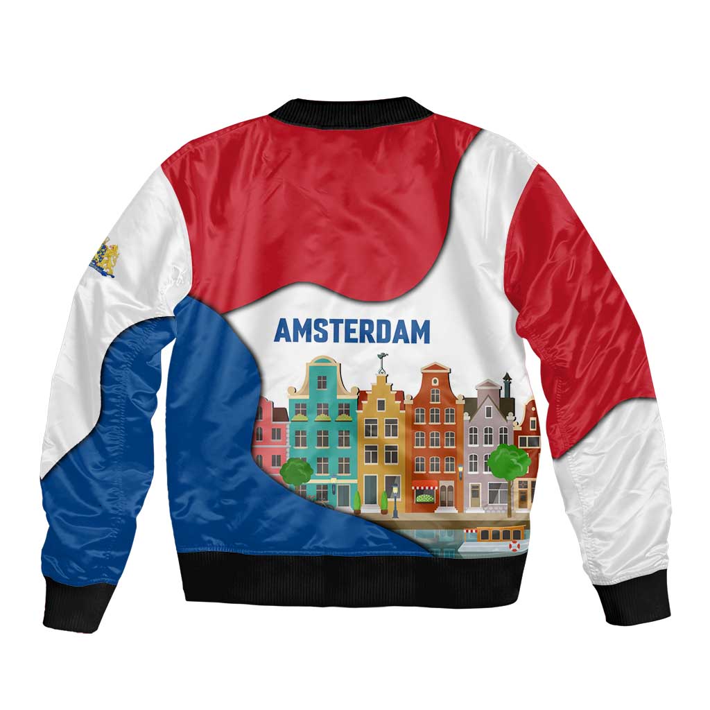 Netherlands Amsterdam Bomber Jacket with Colorful Canal Houses and National Flag Design - Wonder Print Shop