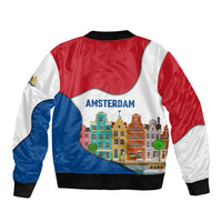Netherlands Amsterdam Bomber Jacket with Colorful Canal Houses and National Flag Design - Wonder Print Shop