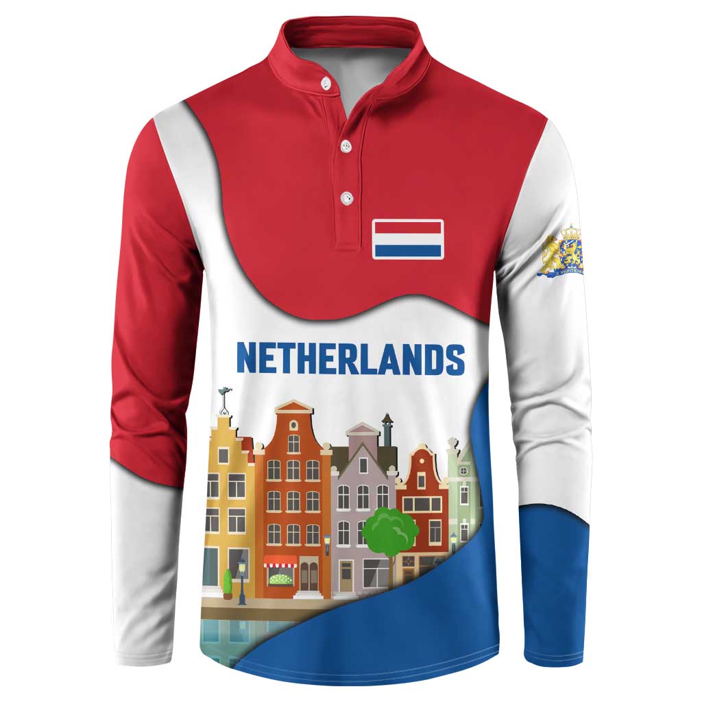 Netherlands Amsterdam Button Sweatshirt with Colorful Canal Houses and National Flag Design - Wonder Print Shop