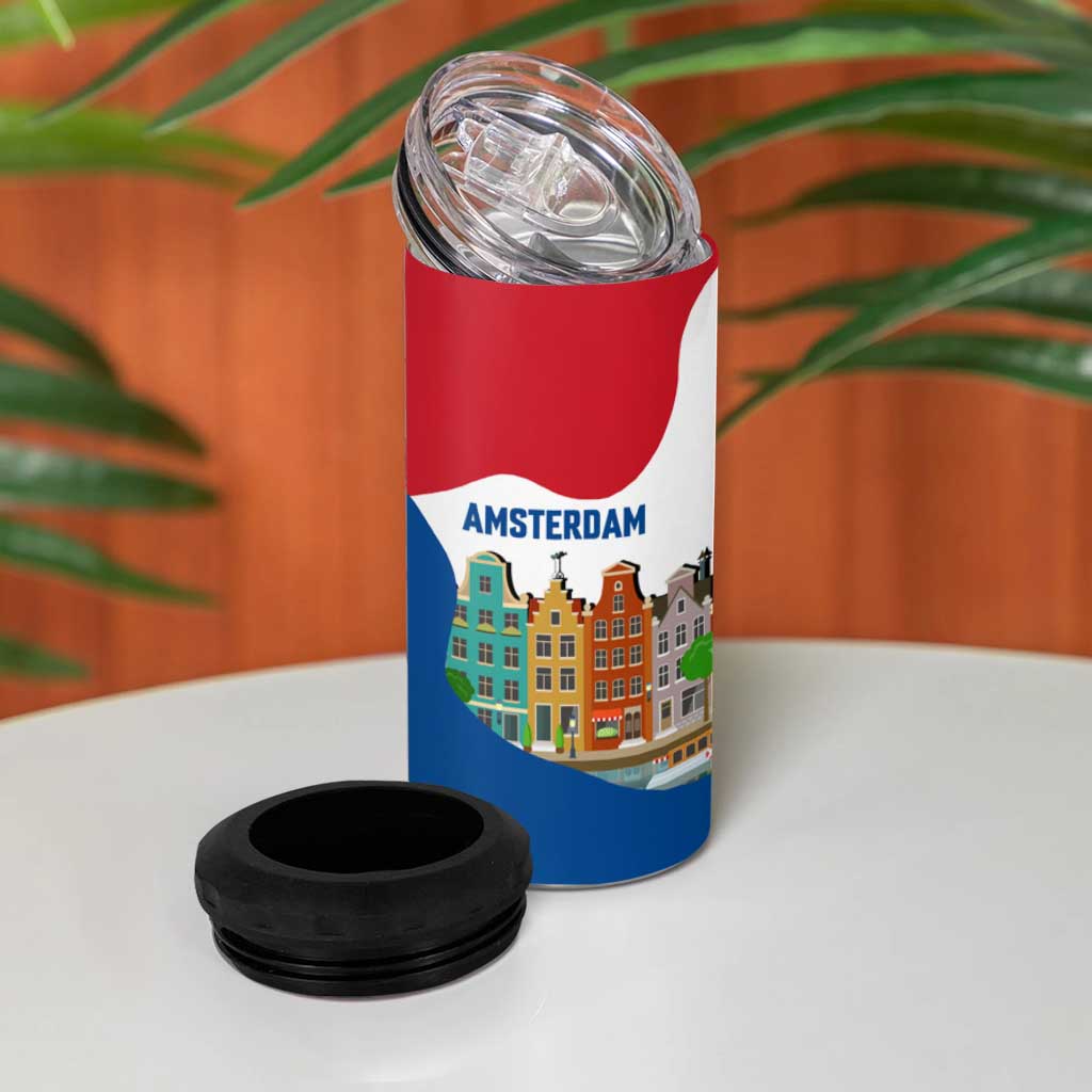 Netherlands Amsterdam 4 in 1 Can Cooler Tumbler with Colorful Canal Houses and National Flag Design - Wonder Print Shop