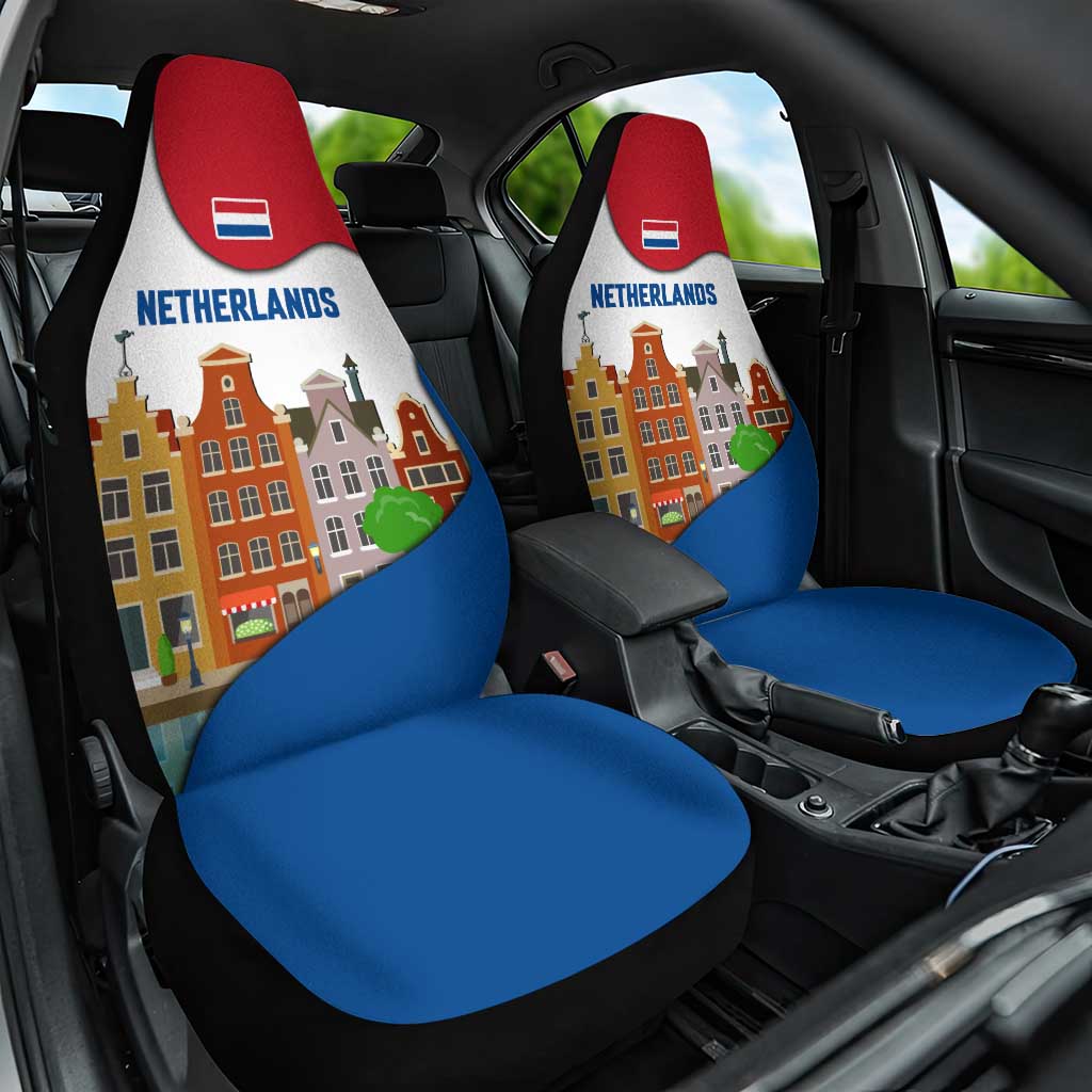 Netherlands Amsterdam Car Seat Cover with Colorful Canal Houses and National Flag Design - Wonder Print Shop