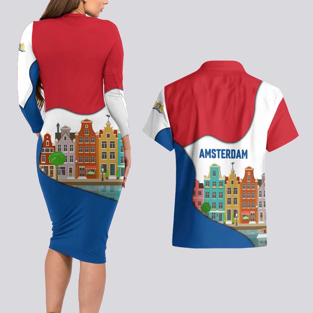 Netherlands Amsterdam Couples Matching Long Sleeve Bodycon Dress and Hawaiian Shirt with Colorful Canal Houses and National Flag Design - Wonder Print Shop