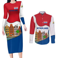 Netherlands Amsterdam Couples Matching Long Sleeve Bodycon Dress and Long Sleeve Button Shirt with Colorful Canal Houses and National Flag Design - Wonder Print Shop