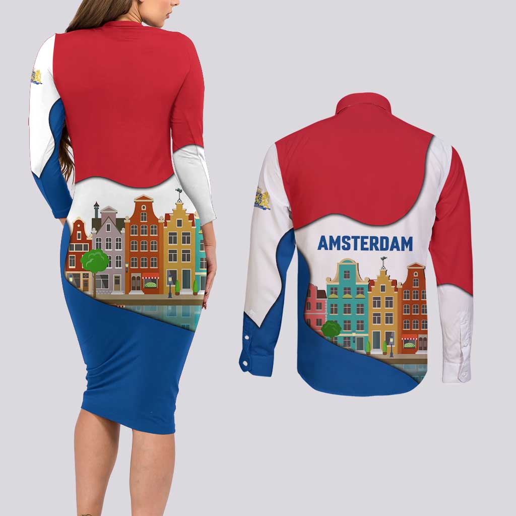 Netherlands Amsterdam Couples Matching Long Sleeve Bodycon Dress and Long Sleeve Button Shirt with Colorful Canal Houses and National Flag Design - Wonder Print Shop
