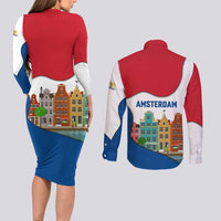 Netherlands Amsterdam Couples Matching Long Sleeve Bodycon Dress and Long Sleeve Button Shirt with Colorful Canal Houses and National Flag Design - Wonder Print Shop