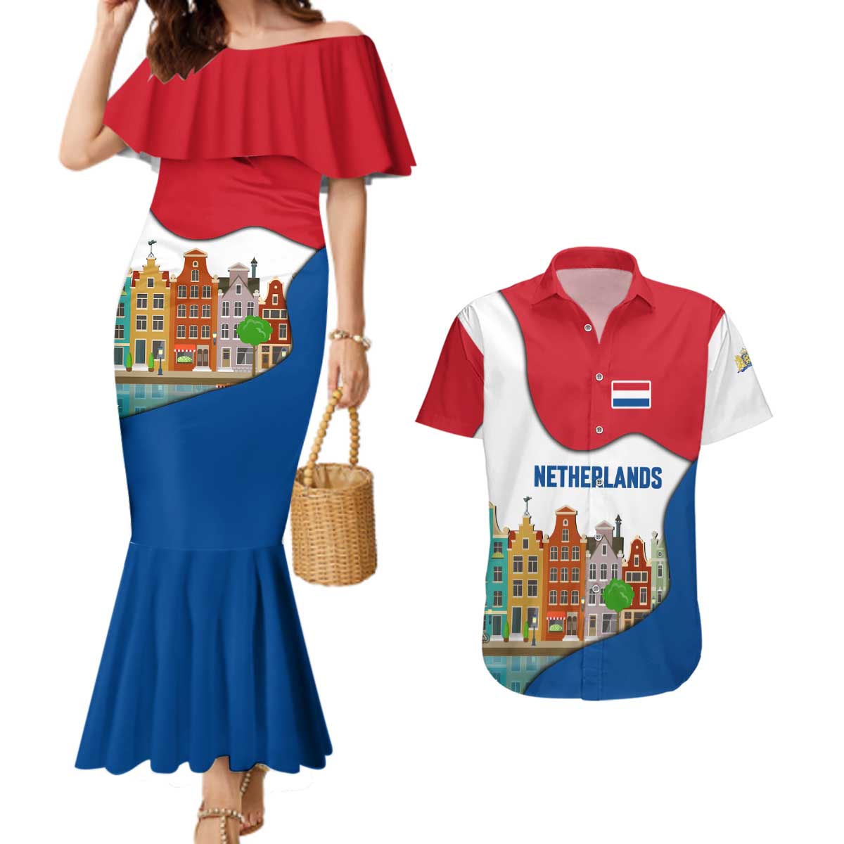 Netherlands Amsterdam Couples Matching Mermaid Dress and Hawaiian Shirt with Colorful Canal Houses and National Flag Design - Wonder Print Shop