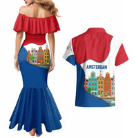 Netherlands Amsterdam Couples Matching Mermaid Dress and Hawaiian Shirt with Colorful Canal Houses and National Flag Design - Wonder Print Shop
