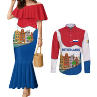 Netherlands Amsterdam Couples Matching Mermaid Dress and Long Sleeve Button Shirt with Colorful Canal Houses and National Flag Design - Wonder Print Shop