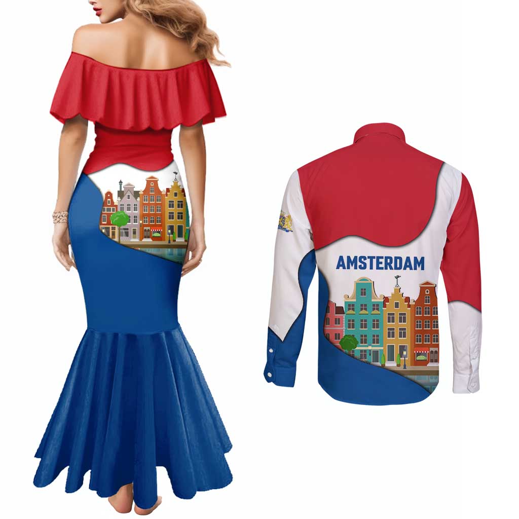 Netherlands Amsterdam Couples Matching Mermaid Dress and Long Sleeve Button Shirt with Colorful Canal Houses and National Flag Design - Wonder Print Shop