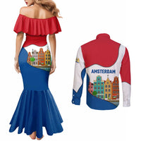 Netherlands Amsterdam Couples Matching Mermaid Dress and Long Sleeve Button Shirt with Colorful Canal Houses and National Flag Design - Wonder Print Shop