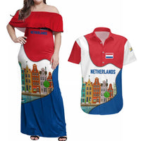 Netherlands Amsterdam Couples Matching Off Shoulder Maxi Dress and Hawaiian Shirt with Colorful Canal Houses and National Flag Design - Wonder Print Shop