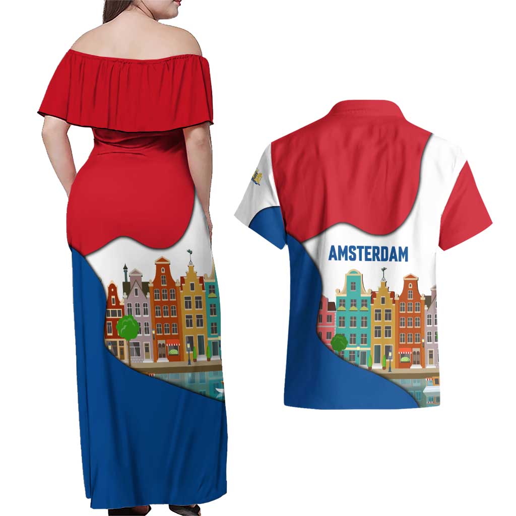 Netherlands Amsterdam Couples Matching Off Shoulder Maxi Dress and Hawaiian Shirt with Colorful Canal Houses and National Flag Design - Wonder Print Shop