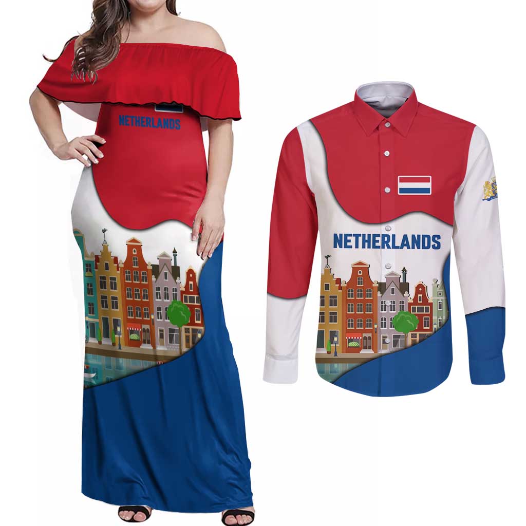 Netherlands Amsterdam Couples Matching Off Shoulder Maxi Dress and Long Sleeve Button Shirt with Colorful Canal Houses and National Flag Design - Wonder Print Shop