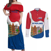 Netherlands Amsterdam Couples Matching Off Shoulder Maxi Dress and Long Sleeve Button Shirt with Colorful Canal Houses and National Flag Design - Wonder Print Shop