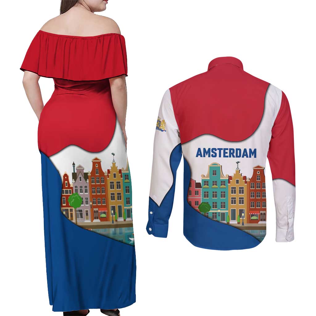 Netherlands Amsterdam Couples Matching Off Shoulder Maxi Dress and Long Sleeve Button Shirt with Colorful Canal Houses and National Flag Design - Wonder Print Shop