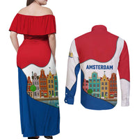 Netherlands Amsterdam Couples Matching Off Shoulder Maxi Dress and Long Sleeve Button Shirt with Colorful Canal Houses and National Flag Design - Wonder Print Shop