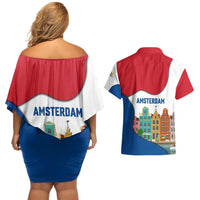 Netherlands Amsterdam Couples Matching Off Shoulder Short Dress and Hawaiian Shirt with Colorful Canal Houses and National Flag Design - Wonder Print Shop