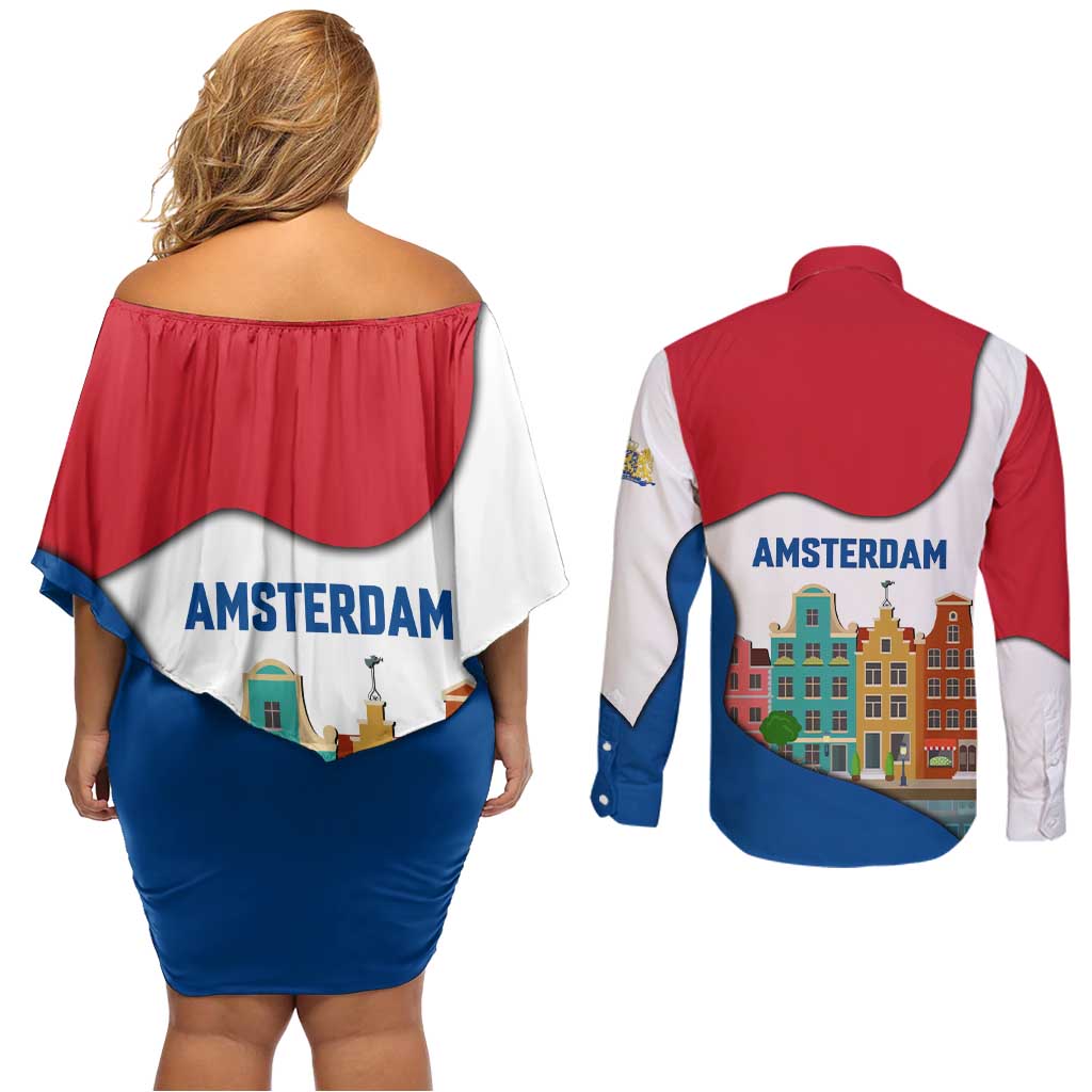 Netherlands Amsterdam Couples Matching Off Shoulder Short Dress and Long Sleeve Button Shirt with Colorful Canal Houses and National Flag Design - Wonder Print Shop