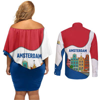 Netherlands Amsterdam Couples Matching Off Shoulder Short Dress and Long Sleeve Button Shirt with Colorful Canal Houses and National Flag Design - Wonder Print Shop