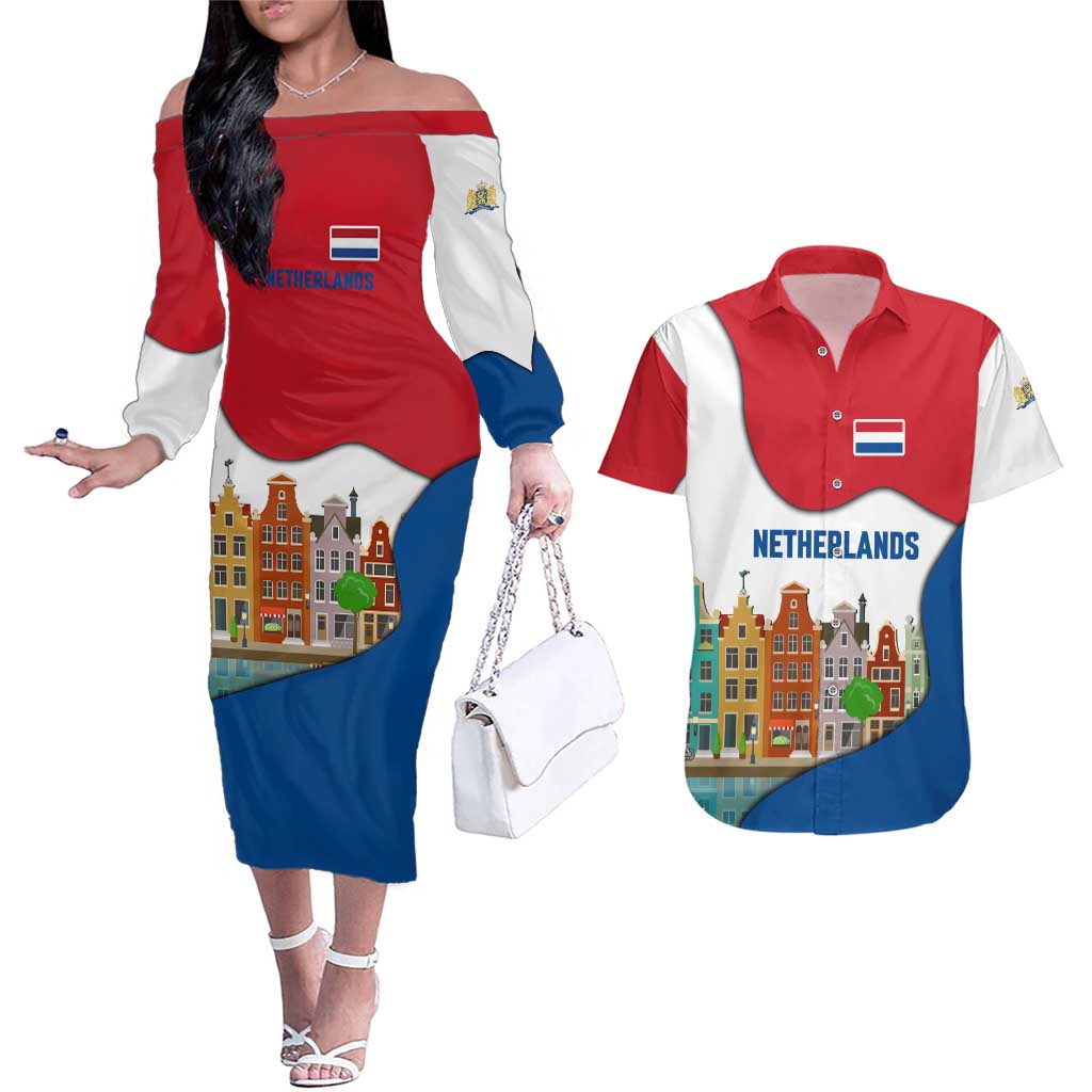 Netherlands Amsterdam Couples Matching Off The Shoulder Long Sleeve Dress and Hawaiian Shirt with Colorful Canal Houses and National Flag Design - Wonder Print Shop