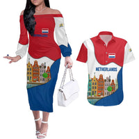 Netherlands Amsterdam Couples Matching Off The Shoulder Long Sleeve Dress and Hawaiian Shirt with Colorful Canal Houses and National Flag Design - Wonder Print Shop