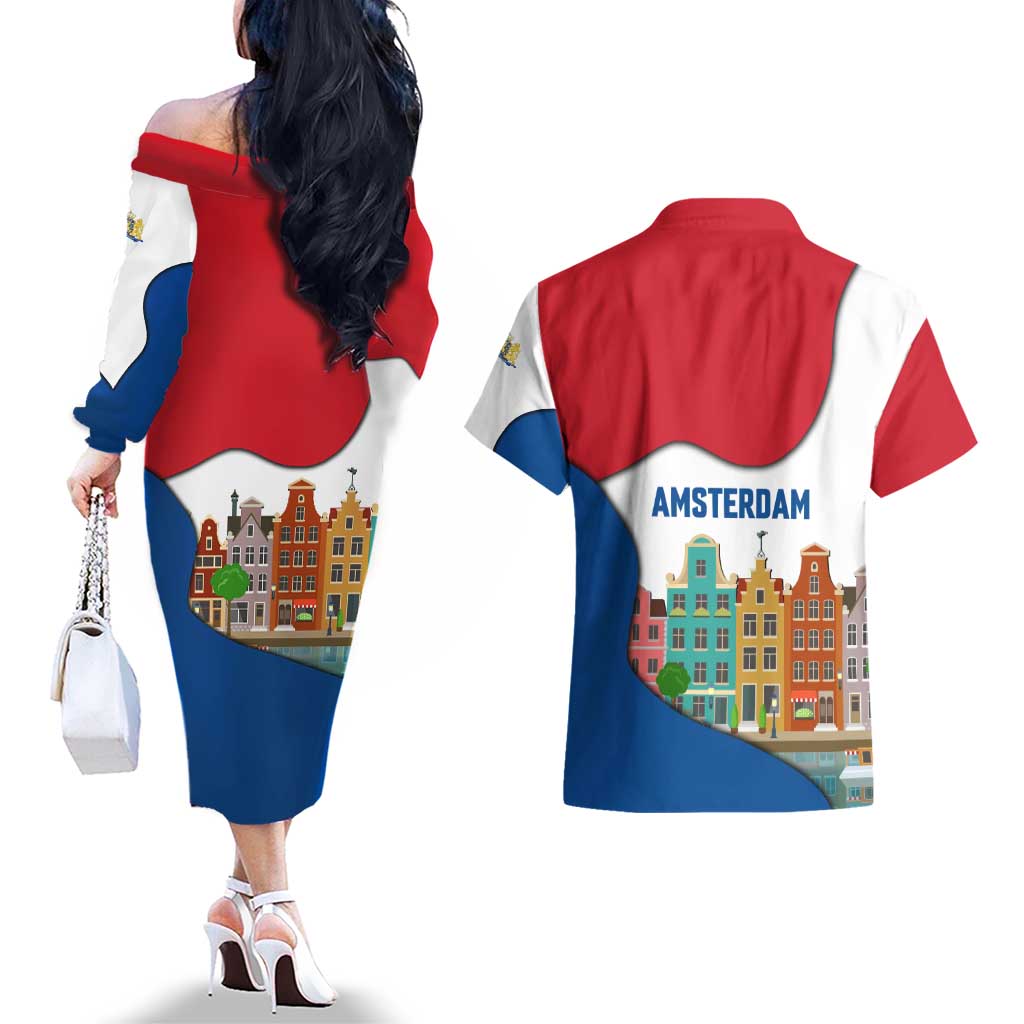 Netherlands Amsterdam Couples Matching Off The Shoulder Long Sleeve Dress and Hawaiian Shirt with Colorful Canal Houses and National Flag Design - Wonder Print Shop