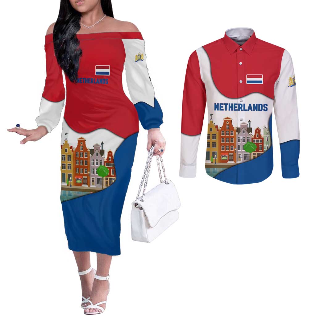 Netherlands Amsterdam Couples Matching Off The Shoulder Long Sleeve Dress and Long Sleeve Button Shirt with Colorful Canal Houses and National Flag Design - Wonder Print Shop