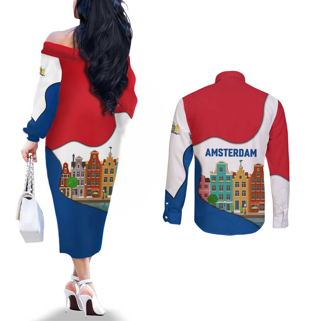 Netherlands Amsterdam Couples Matching Off The Shoulder Long Sleeve Dress and Long Sleeve Button Shirt with Colorful Canal Houses and National Flag Design - Wonder Print Shop