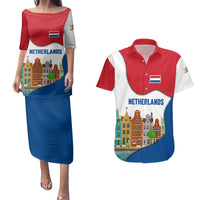 Netherlands Amsterdam Couples Matching Puletasi and Hawaiian Shirt with Colorful Canal Houses and National Flag Design - Wonder Print Shop