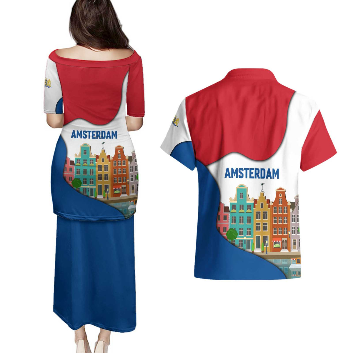 Netherlands Amsterdam Couples Matching Puletasi and Hawaiian Shirt with Colorful Canal Houses and National Flag Design - Wonder Print Shop