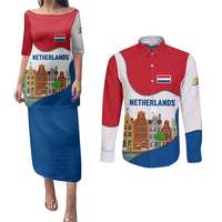 Netherlands Amsterdam Couples Matching Puletasi and Long Sleeve Button Shirt with Colorful Canal Houses and National Flag Design - Wonder Print Shop