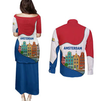Netherlands Amsterdam Couples Matching Puletasi and Long Sleeve Button Shirt with Colorful Canal Houses and National Flag Design - Wonder Print Shop