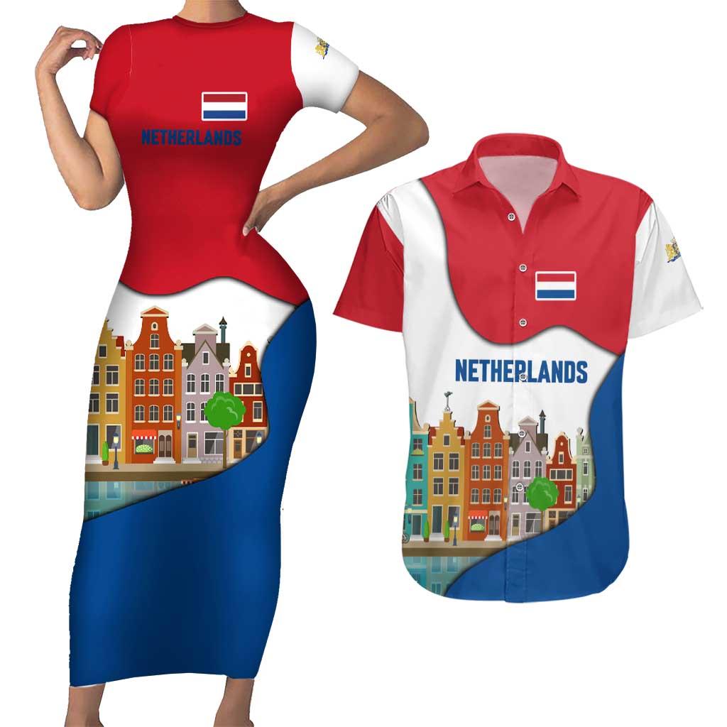 Netherlands Amsterdam Couples Matching Short Sleeve Bodycon Dress and Hawaiian Shirt with Colorful Canal Houses and National Flag Design - Wonder Print Shop