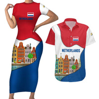 Netherlands Amsterdam Couples Matching Short Sleeve Bodycon Dress and Hawaiian Shirt with Colorful Canal Houses and National Flag Design - Wonder Print Shop
