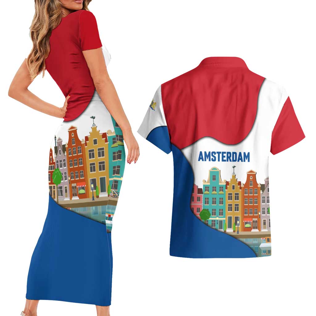 Netherlands Amsterdam Couples Matching Short Sleeve Bodycon Dress and Hawaiian Shirt with Colorful Canal Houses and National Flag Design - Wonder Print Shop