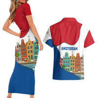 Netherlands Amsterdam Couples Matching Short Sleeve Bodycon Dress and Hawaiian Shirt with Colorful Canal Houses and National Flag Design - Wonder Print Shop