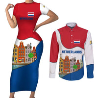 Netherlands Amsterdam Couples Matching Short Sleeve Bodycon Dress and Long Sleeve Button Shirt with Colorful Canal Houses and National Flag Design - Wonder Print Shop