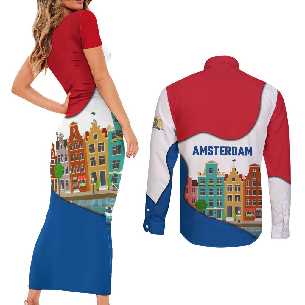 Netherlands Amsterdam Couples Matching Short Sleeve Bodycon Dress and Long Sleeve Button Shirt with Colorful Canal Houses and National Flag Design - Wonder Print Shop