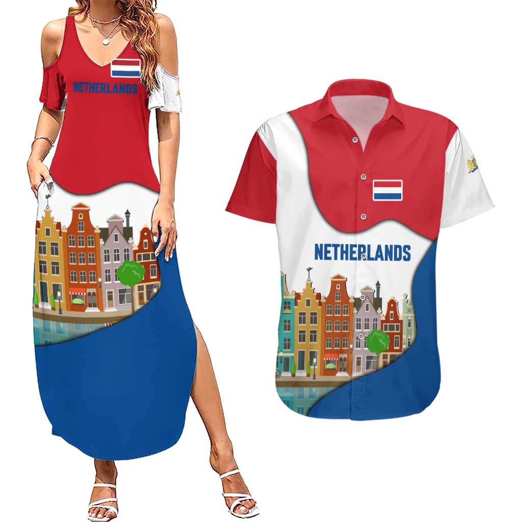 Netherlands Amsterdam Couples Matching Summer Maxi Dress and Hawaiian Shirt with Colorful Canal Houses and National Flag Design - Wonder Print Shop