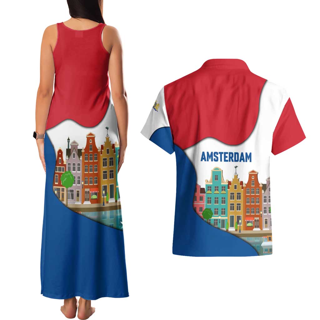 Netherlands Amsterdam Couples Matching Tank Maxi Dress and Hawaiian Shirt with Colorful Canal Houses and National Flag Design - Wonder Print Shop