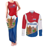 Netherlands Amsterdam Couples Matching Tank Maxi Dress and Long Sleeve Button Shirt with Colorful Canal Houses and National Flag Design - Wonder Print Shop