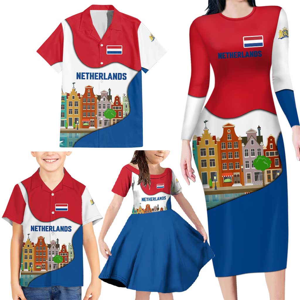 Netherlands Amsterdam Family Matching Long Sleeve Bodycon Dress and Hawaiian Shirt with Colorful Canal Houses and National Flag Design - Wonder Print Shop