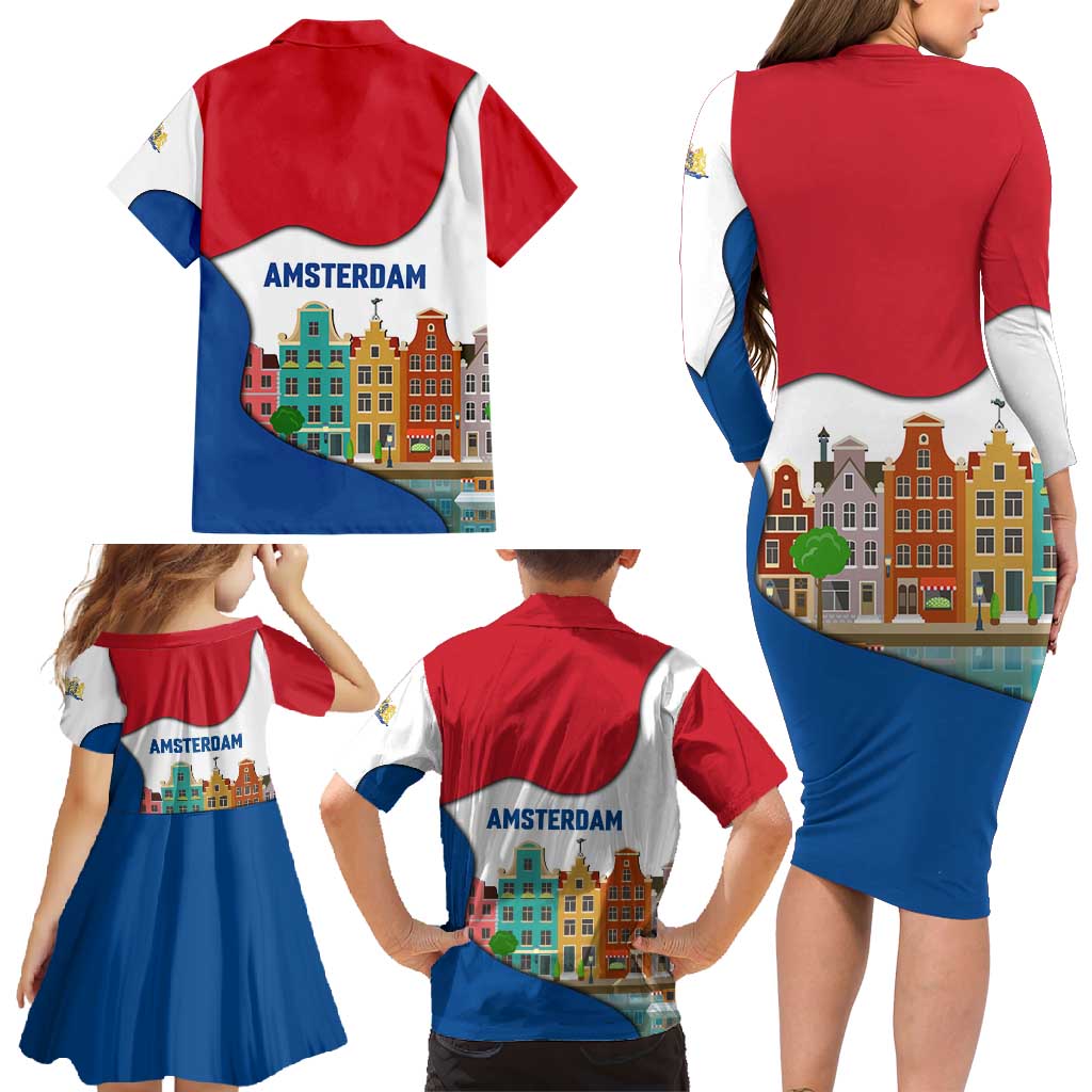 Netherlands Amsterdam Family Matching Long Sleeve Bodycon Dress and Hawaiian Shirt with Colorful Canal Houses and National Flag Design - Wonder Print Shop