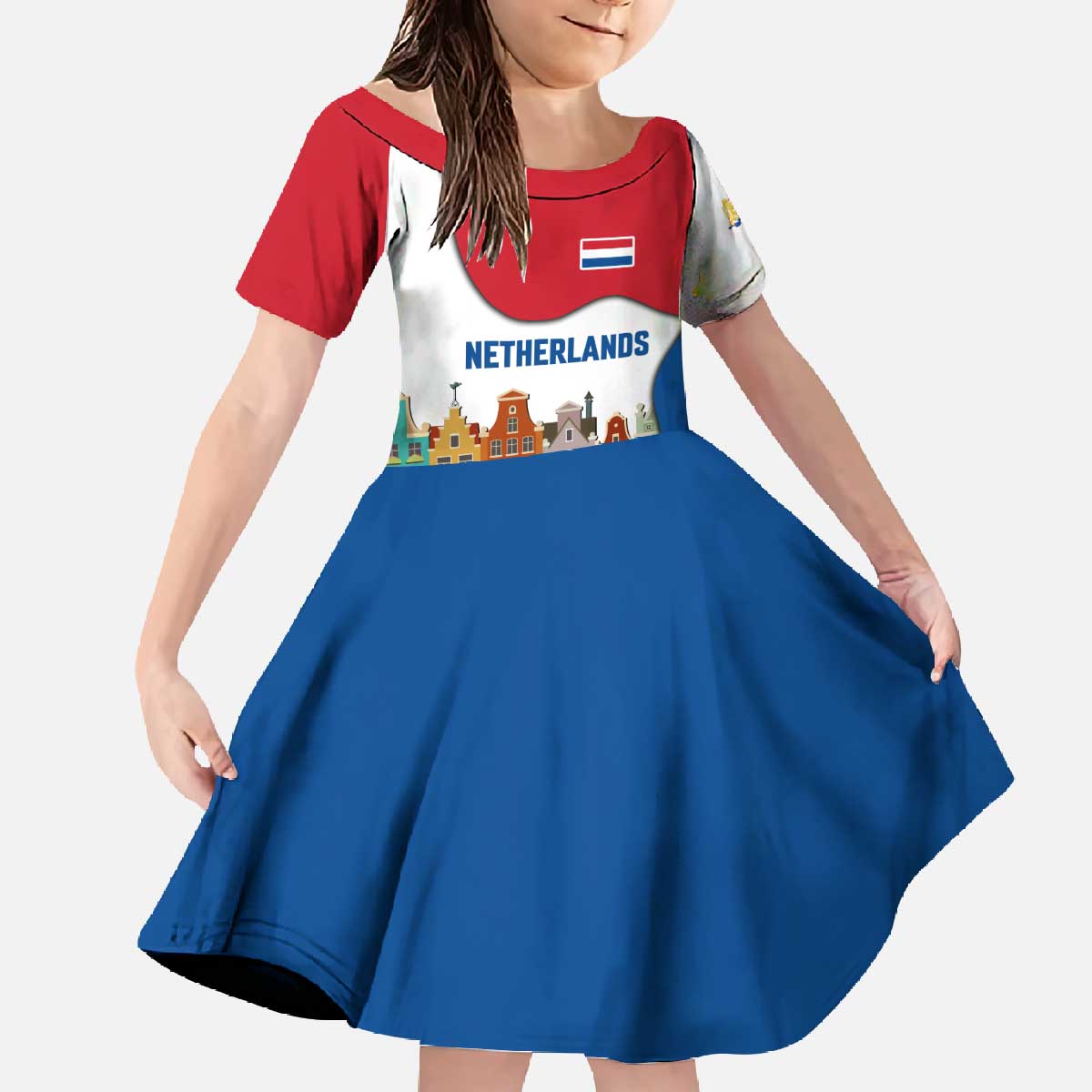 Netherlands Amsterdam Family Matching Off The Shoulder Long Sleeve Dress and Hawaiian Shirt with Colorful Canal Houses and National Flag Design - Wonder Print Shop