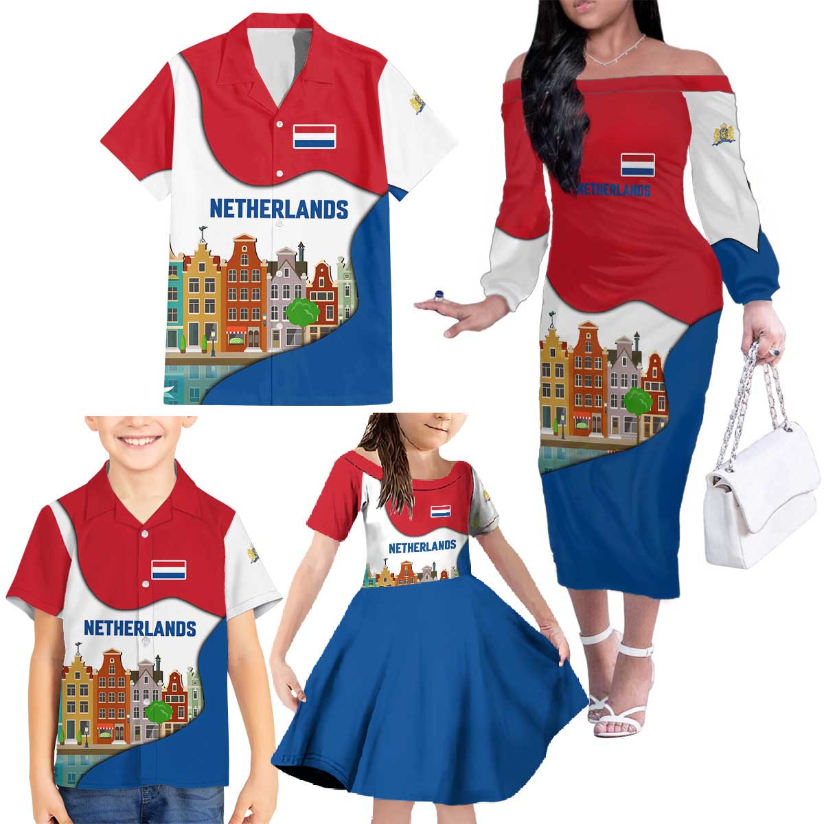 Netherlands Amsterdam Family Matching Off The Shoulder Long Sleeve Dress and Hawaiian Shirt with Colorful Canal Houses and National Flag Design - Wonder Print Shop