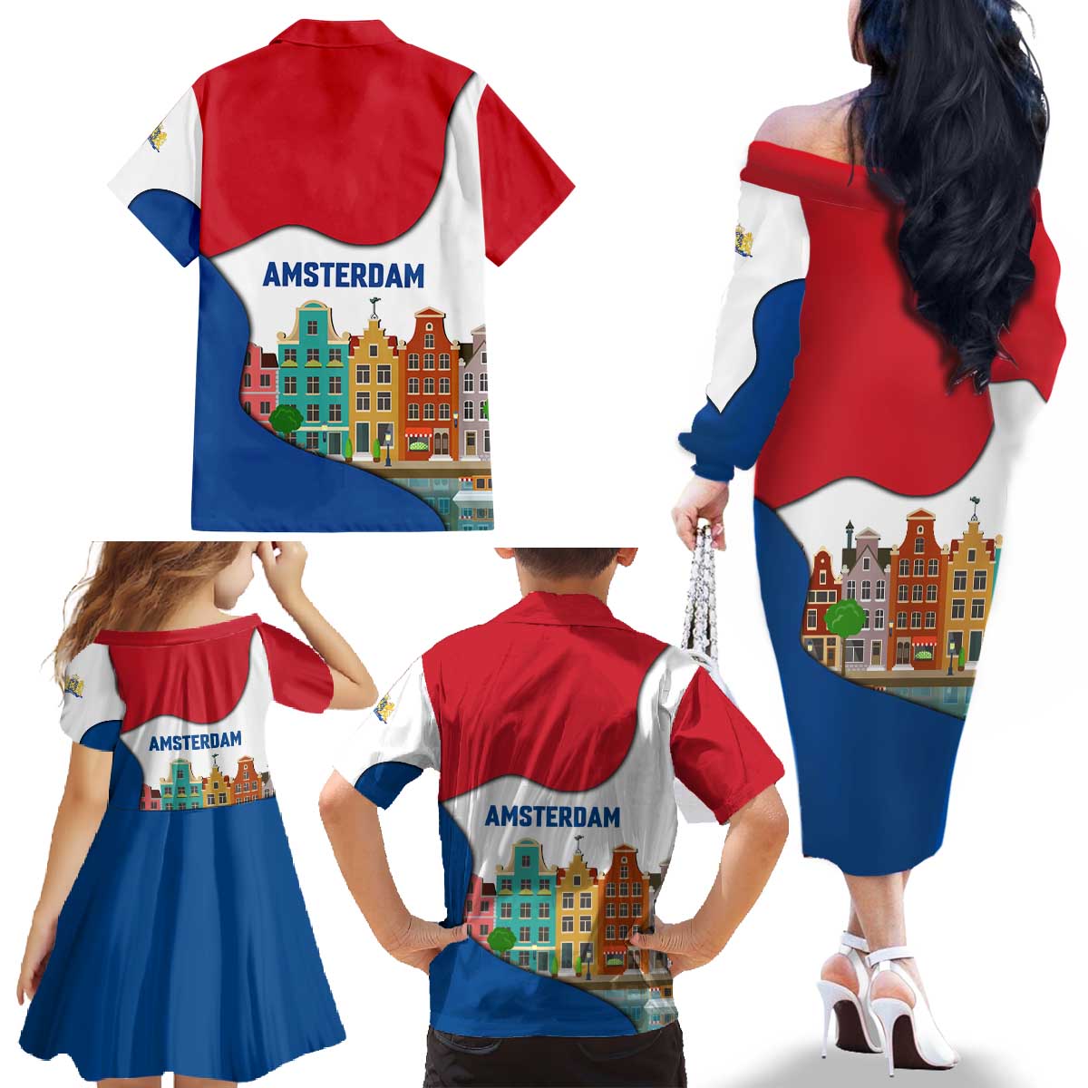 Netherlands Amsterdam Family Matching Off The Shoulder Long Sleeve Dress and Hawaiian Shirt with Colorful Canal Houses and National Flag Design - Wonder Print Shop