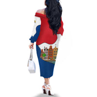 Netherlands Amsterdam Family Matching Off The Shoulder Long Sleeve Dress and Hawaiian Shirt with Colorful Canal Houses and National Flag Design - Wonder Print Shop
