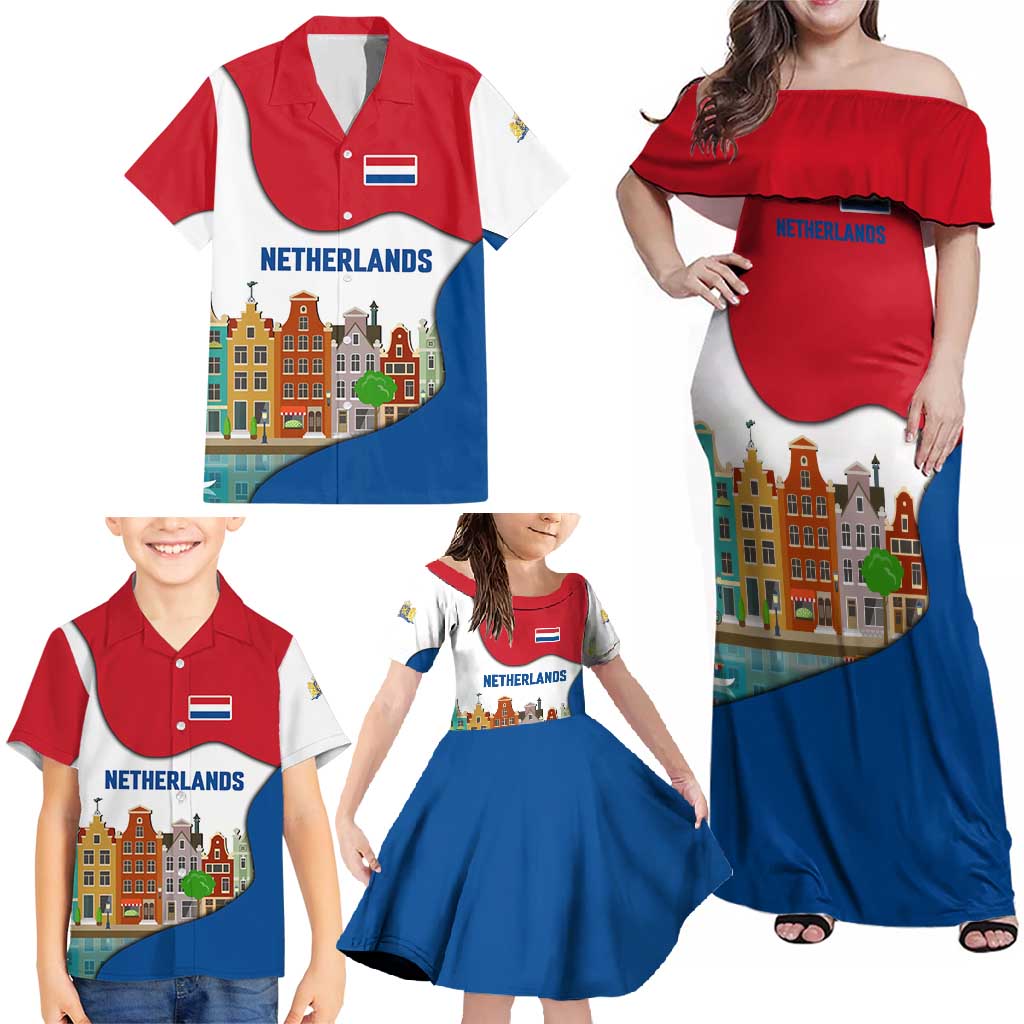 Netherlands Amsterdam Family Matching Off Shoulder Maxi Dress and Hawaiian Shirt with Colorful Canal Houses and National Flag Design - Wonder Print Shop